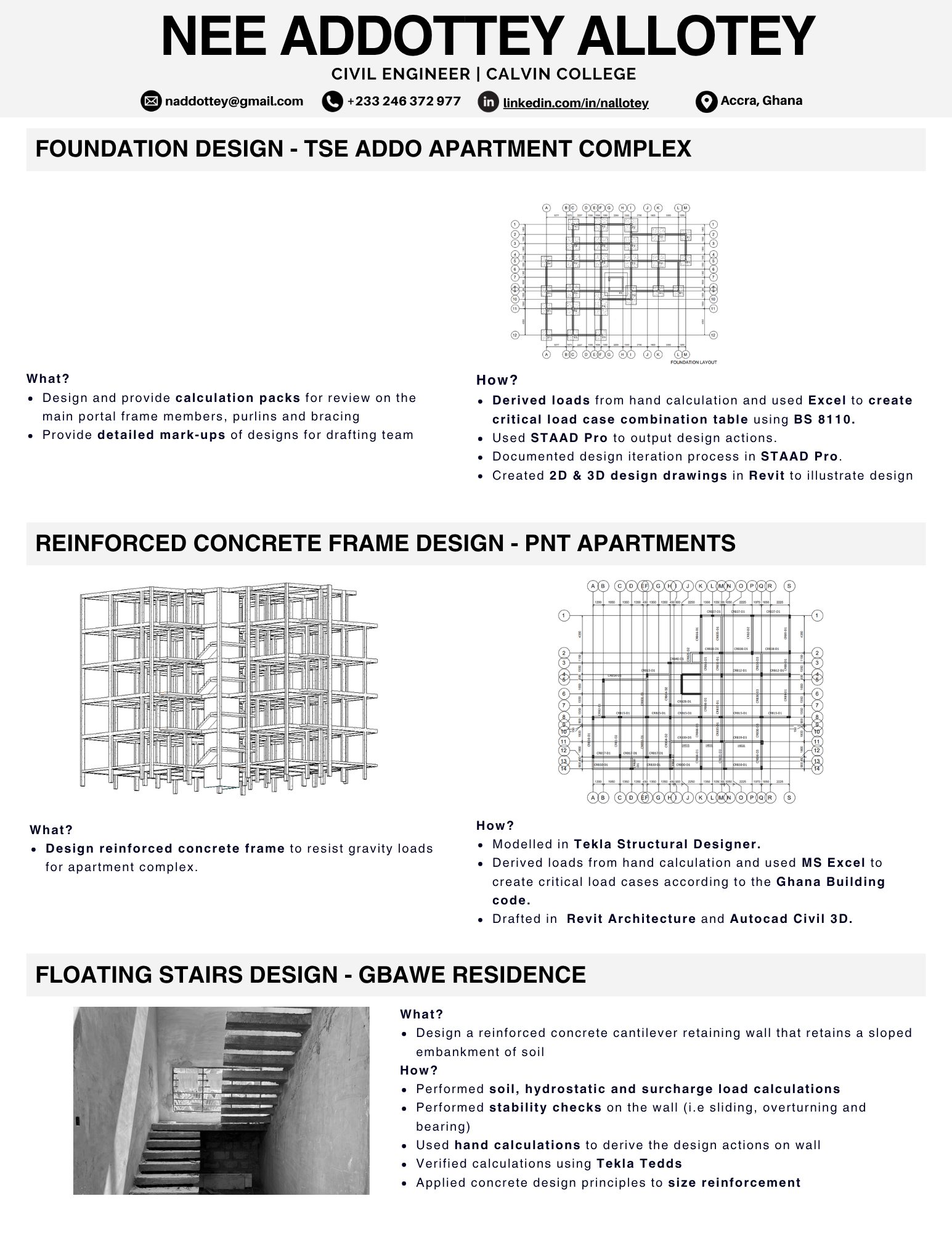 Structural engineering and quantity surveying — reinforced concrete frame design and foundation engineering for apartment buildings in Accra Ghana, with associated material take-off and BOQ preparation