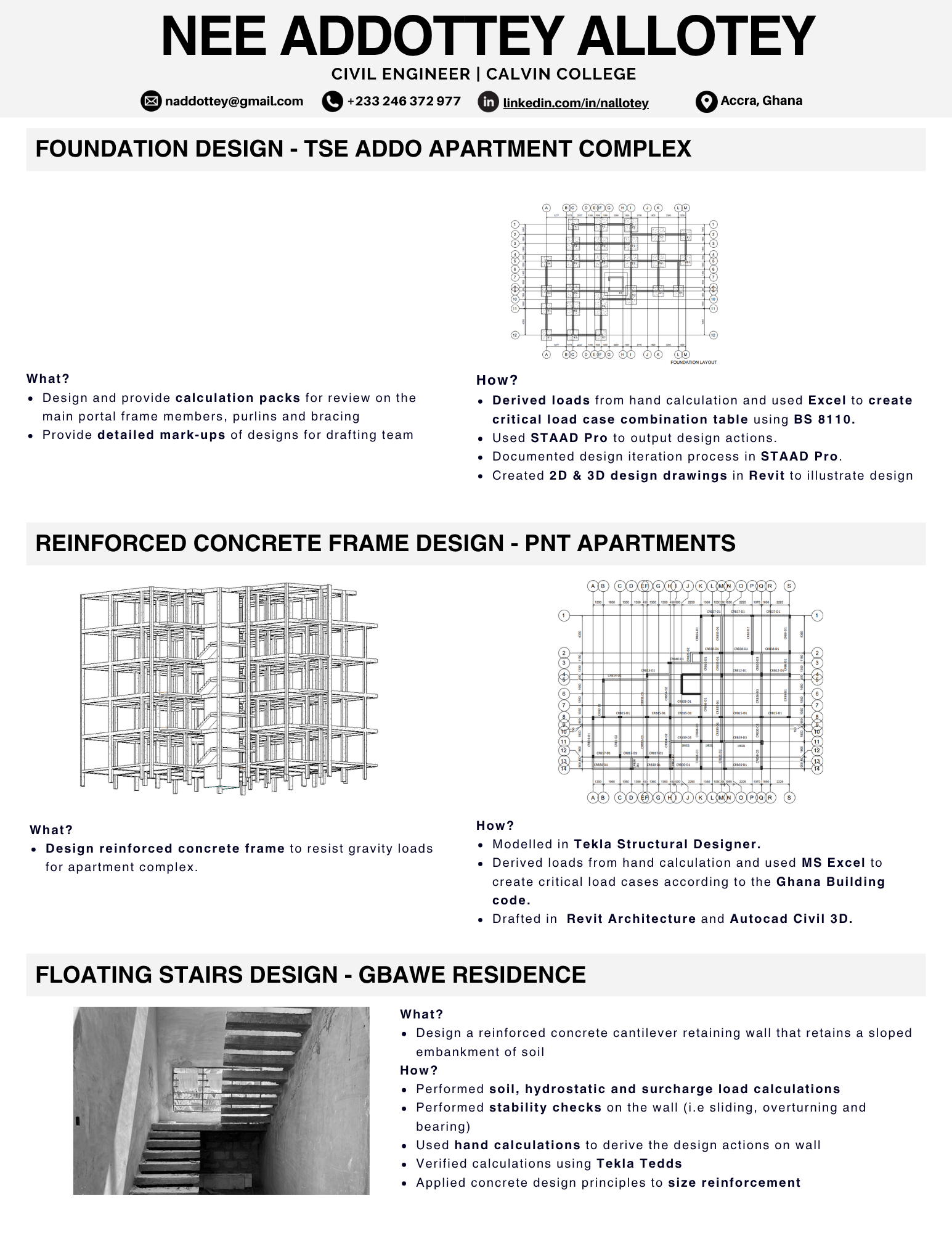 Structural engineering and quantity surveying — reinforced concrete frame design and foundation engineering for apartment buildings in Accra Ghana, with associated material take-off and BOQ preparation